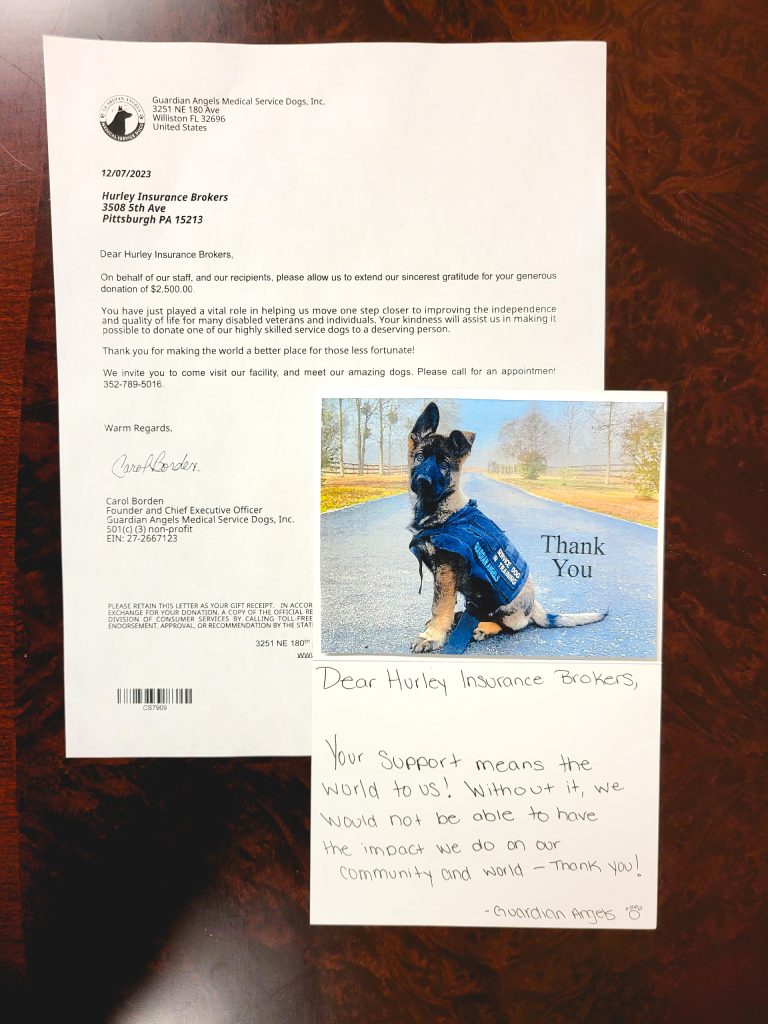 Thank you for donation letter from Guardian Angels Medical Service Dogs